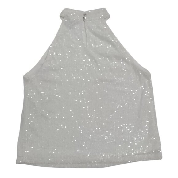 Sparkly White Sequin Halter Top With Button Closure & Open Back Design. L/G NWT. - Picture 2 of 9